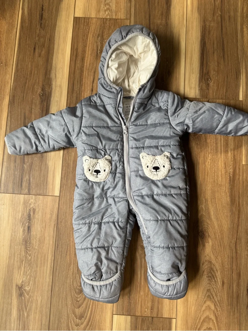 Carter's Gray Quilted Hooded Baby Snowsuit with Bear Pockets